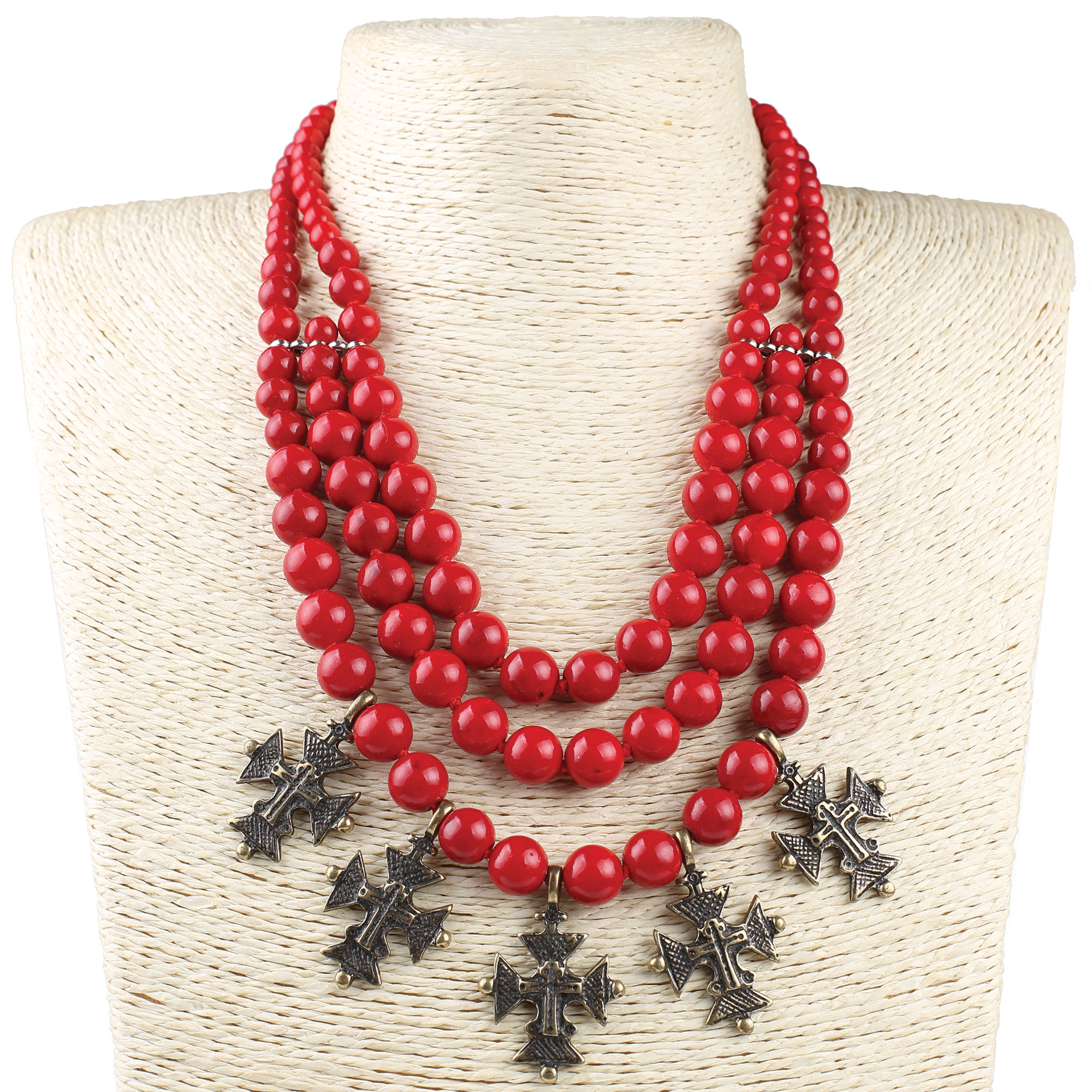 Намисто корал потрійний круглий з хрестиками - Зображення 2