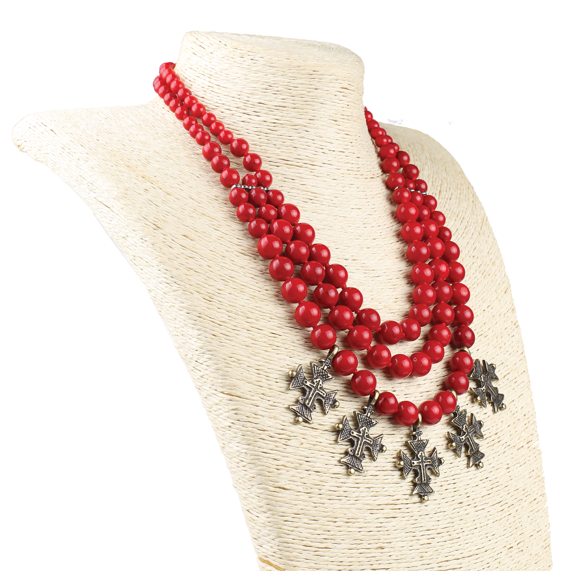 Намисто корал потрійний круглий з хрестиками